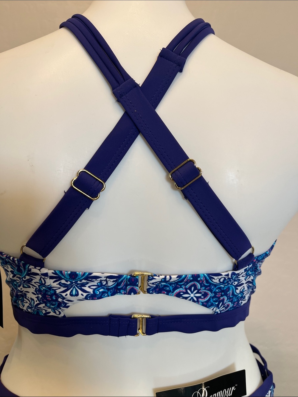 Paramour Blue and Pink Mosaic High-Neck Lace-Up Bikini Set - Picture 4 of 5